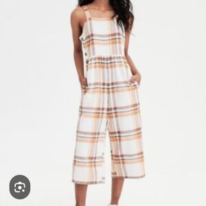 Plaid Wide-Leg Jumpsuit in Cream and Tan sz 00